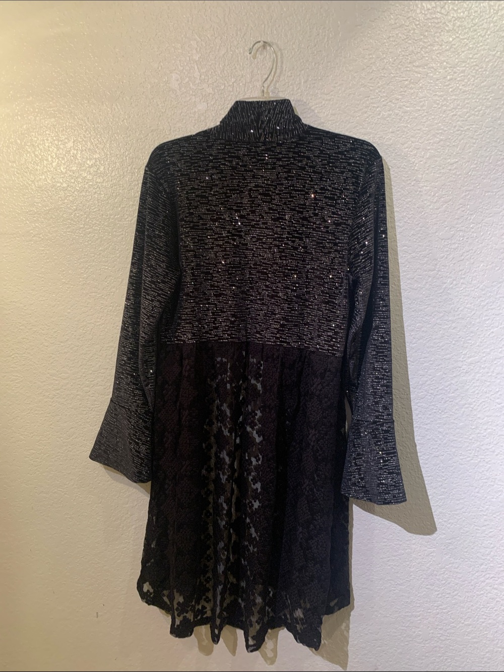 Black Long Sleeve Mixed-Knit & Lace Open Dress - Picture 7 of 12